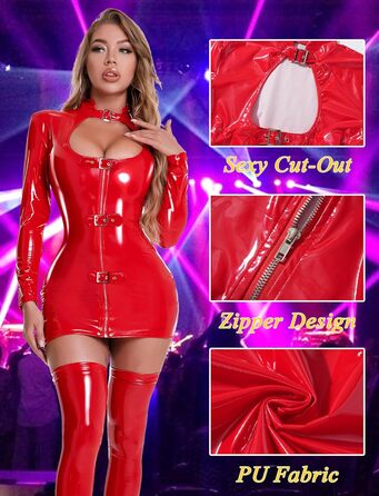 Сукня з еластичної шкіри FEOYA для жінок: сексуальний міні-дрес з блискавкою, для вечірок, клубів, косплею та коктейльних образів. Червоний колір.