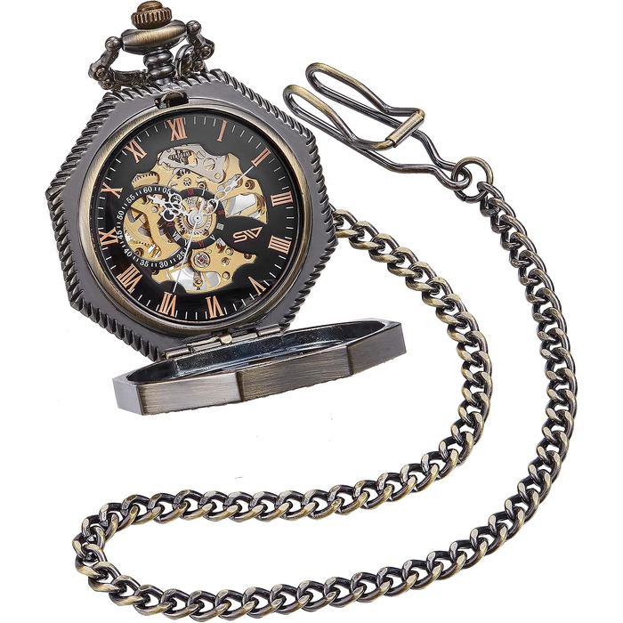Чоловічий кишеньковий годинник ShoppeWatch з ланцюжком, механічний з ручним заводом, вінтажний стиль стімпанк (бронза), аксесуар для костюма 1920-х років