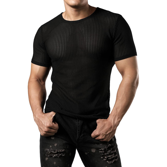 Чоловіча футболка JOGAL з сіткою, облягаюча, короткий рукав, чорна