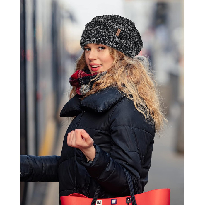 Жіноча в'язана шапка-біні FURTALK Slouch Beanie у стилі street style, тепла зимова шапка грубої в'язки, м'яка, чорно-сіра (один розмір)