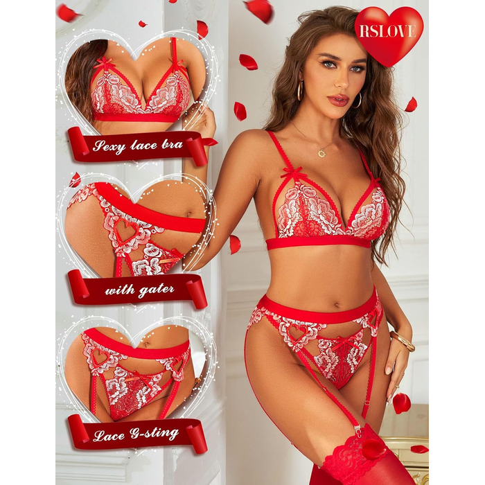 RSLOVE Комплект нижньої білизни Daen Dessous: мереживний тіло, стрінги та топ - чорний, червоний, білий (L, Red Remix White)