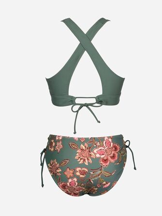 CUPSHE БІКІНІ Спортивний Роздільний Купальник з V-подібним вирізом, на зав'язках, низька талія, квітковий принт, оливковий колір, для жінок