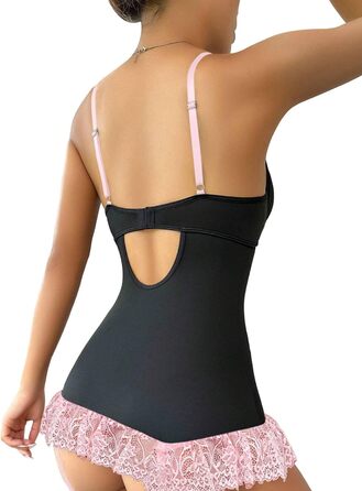 Сексуальний жіночий комплект спідньої білизни: мереживний боді з поясом для панчіх, V-подібний виріз, бантик спереду, підтримуючий каркас, з панчіхами (чорний/рожевий, 3XL)