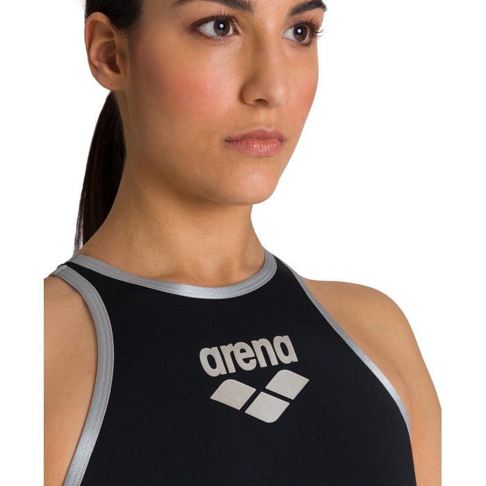 Купальник жіночий arena One Big Logo Badeanzug 32 Black-silver - швидковисихаючий, спортивний, з MaxLife Eco (50+ UV-захист)