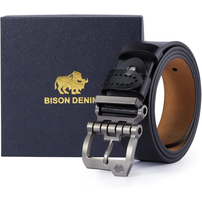 Шкіряний ремінь чоловічий BISON DENIM для джинсів та костюмів, 38 мм, чорний, довжина 110 см (розмір 33'-35')