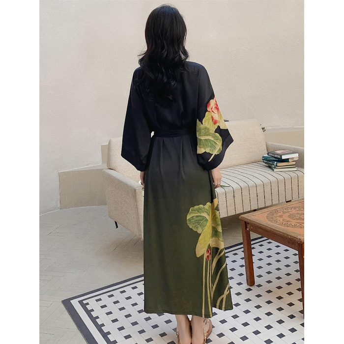 Жіночий халат з довгим рукавом з шовку та атласу, халат-кімоно з квітковим принтом, універсальний розмір (чорний, зелений з квітковим принтом)