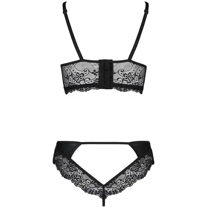 Чорний жіночий комплект спідньої білизни: бюстгальтер з кісточками та стрінги з штучної шкіри та мережива, S-M