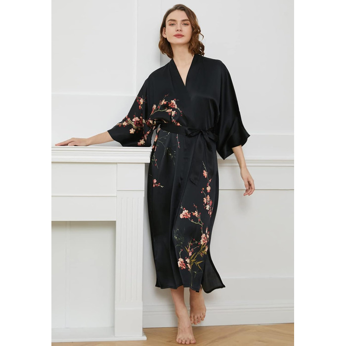 Шовковий халат-кімоно Ledamon для жінок, 100% шовк, квітковий дизайн, універсальний розмір, чорний колір