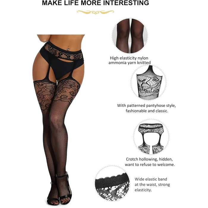 Чорні мереживні панчохи-шкарпетки для жінок, мереживо, мереживні легінси, панчохи до стегна з стрічкою, L-XXL