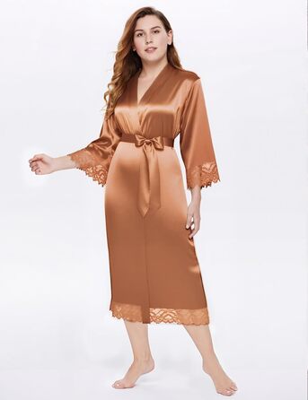 Халат жіночий довгий/короткий однотонний з мереживом, атласний, стиль кімоно, халат для дому, літній, універсальний розмір (карамель)