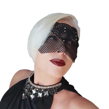 Чорна мереживна півмаска для жінок з червоними стразами – венеціанська маска для маскараду, карнавалу, весілля, вечірки, косплею, бурлеску та Марді Гра (Чорний (білі стрази))