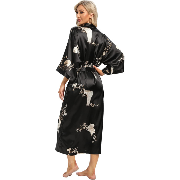 Жіночий халат з довгим рукавом з шовку, сатин, кімоно, квітковий принт, чорний, універсальний розмір