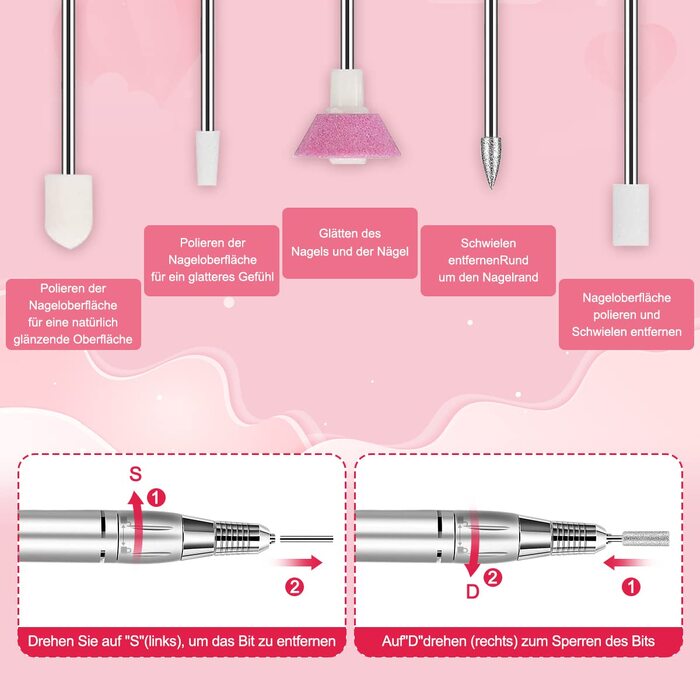 Електричний апарат для манікюру та педикюру NAILGIRLS 11 в 1, 35000 об/хв, з LCD-дисплеєм та педаллю, професійний набір для нарощених нігтів та гель-лаку (Білий)