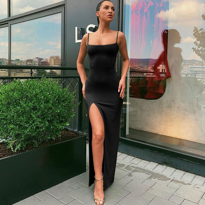 Сукня жіноча довга коктейльна літня елегантна чорна (M) - Sexy Spaghetti, Maxikleid, Bodycon з розрізом