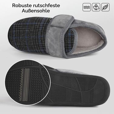 Чоловічі теплі домашні капці TIESTRA для літніх людей з Memory Foam, широка стопа, флісові тальпочки з липучкою (41 EU, сірі в смужку)