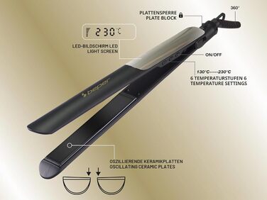 Керамічний випрямляч для волосся BEPER P301PIS200, праска для волосся з 6 рівнями температури до 230°C, швидким нагріванням та автовимкненням, чорний