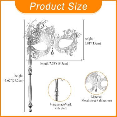 Венеціанська маска JewelryWe з держальником для жінок, металева маска з стразами для маскараду, аксесуари до костюма для Хелловіну, карнавалу, вечірки-маскараду (срібна)