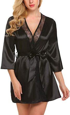 Халат жіночий літній довгий, кімоно, сатин з мереживом, чорний. Халат для дому, легкий, напіврукав, як халат-рушник