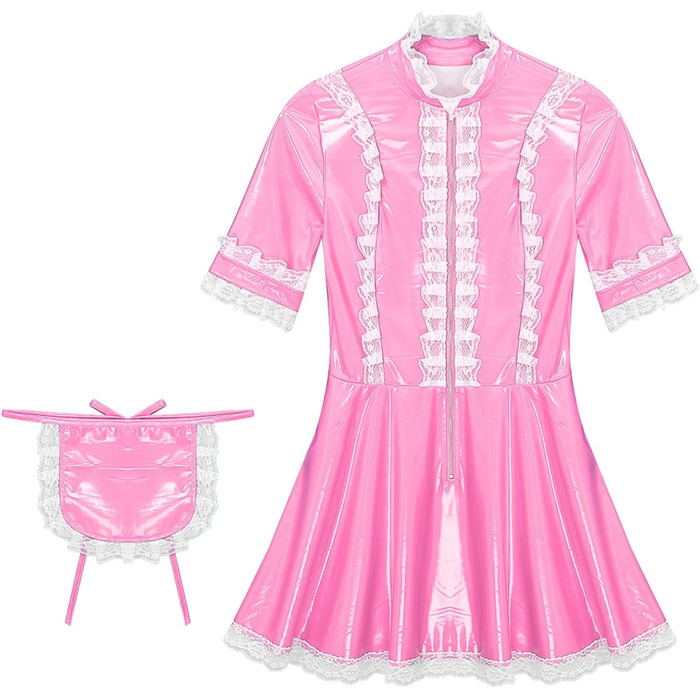 Костюм покоївки Agoky для жінок: міні-сукня з лакованої шкіри, мереживна спідничка, еротична білизна, клубний наряд (3XL, Рожевий)
