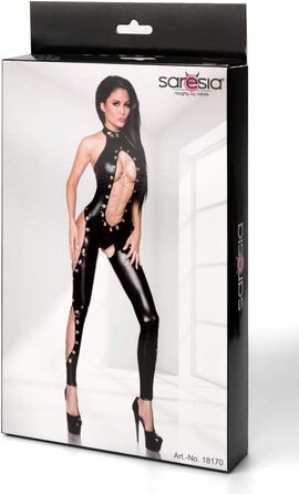 Чорний еротичний жіночий комбінезон-гого з відкритим промежинним швом, з вирізами та ланцюгом, з матеріалу ветоўлукс, XL