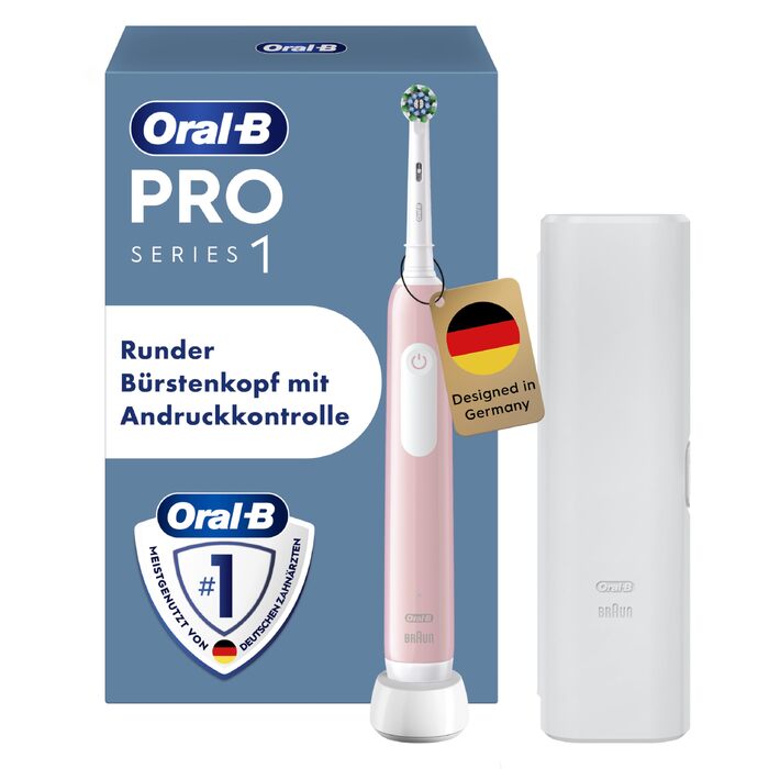 Електрична зубна щітка Oral-B Pro Series 1 (набір 2 шт.), 3 режими чищення, рожева та чорна, з 2 насадками та білим кейсом