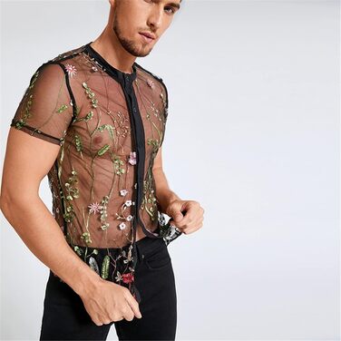 Чоловіча сітчаста сорочка з вишивкою, прозора, на кнопках, дихаюча, для вечірок та клубів, чорна XL