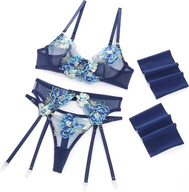 Сексуальна спідня білизна Dessous для жінок: комплект з бюстгальтером, трусиками та стрінгами з мереживом, 4 шт. (темно-синій)