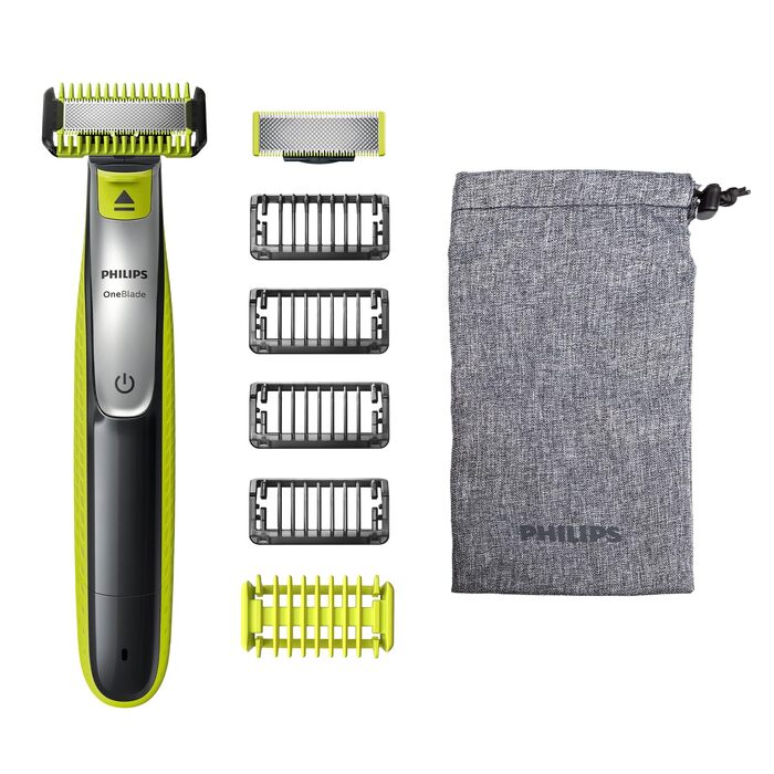 Електричний тример та бритва PHILIPS OneBlade 360 Face & Body QP2834/31 для обличчя та тіла, з 3 лезами 360, 4 насадками-гребінцями та 2 насадками для тіла, волого-сухе гоління