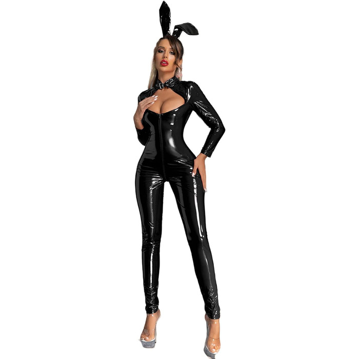 Латексний жіночий костюм-комбінезон з довгим рукавом, чорний. Латексний боді з високим вирізом, еротичний костюм, Wetlook, для дорослих.