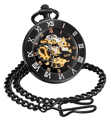 Механічний кишеньковий годинник ShoppeWatch для чоловіків з ланцюжком, ручний завод, прозорий циферблат у стилі стімпанк (чорний)