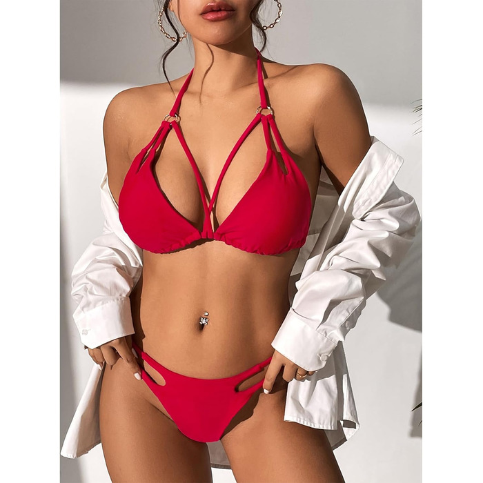 Бікіні Durio для жінок, Push-up, сексуальний комплект з 2 частин з трикутними трусиками, регульовані бретелі, широкі чашечки (Червоний, 38-40)