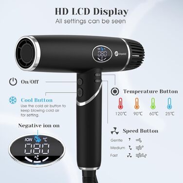 Іонний фен Slopehill 2000W з безщітковим мотором, 110 000 об/хв, LCD-дисплеєм та 3 магнітними дифузорами, складаний дорожній фен, чорний