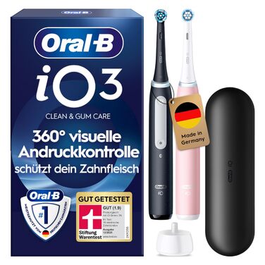 Електрична зубна щітка Oral-B iO Series 3, чорна, 3 режими чищення, набір з 2 щіток (Matt Black та Blush Pink), 2 додаткові насадки та дорожній футляр