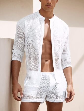 Panegy Комплект чоловічий: мереживчата шорти та сорочка з прозорої сітки, на ґудзиках, білий (S)