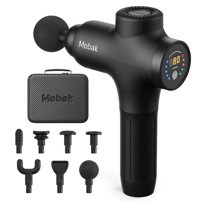 Перкусійний масажер Mebak 3 Massage Gun: електричний ручний масажер для м'язів та фасцій, 3200 об/хв, амплітуда 12 мм, 7 насадок, 5 рівнів інтенсивності, акумулятор 2600 мАг, чорний