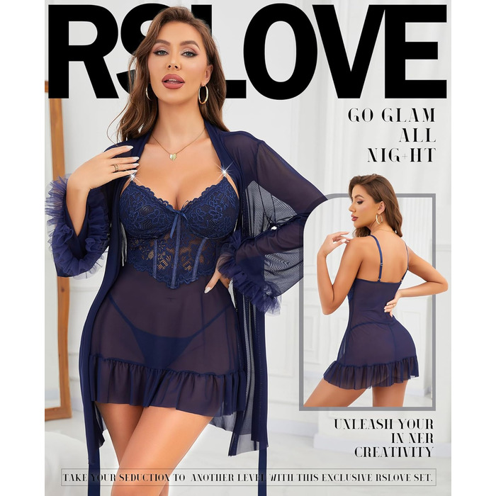 RSLOVE Комплект сексуальної білизни з мережива для жінок - нічна сорочка-бабідол, комплект з 2 частин, нігтя, (L, темно-синій)
