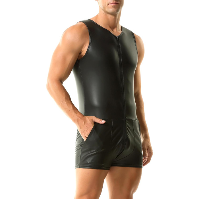 Чоловічі шорти без рукавів QiaTi з блискавкою, з екошкіри, боді з двома кишенями для повсякденного носіння та клубів (3XL, чорний)