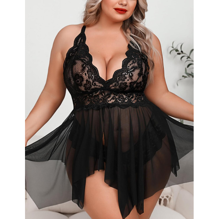 Боді з мереживом Aranmei для жінок великих розмірів, чорний, 4XL - сексуальна нічна сорочка, babydoll, відкритий крій