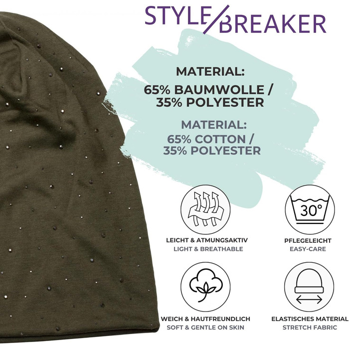 Жіноча шапка-біні styleBREAKER зі стразами та заклепками, синя меланж, Used Look, один розмір (до 59 см)
