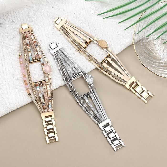 Шкіряний ремінець Boho для Apple Watch 38/40/41/42/44/45/46/49мм, багатошаровий браслет для iWatch Series 11 10 9 8 7 6 5 4 3 2 1 SE Ultra 1 2 3, рожевий