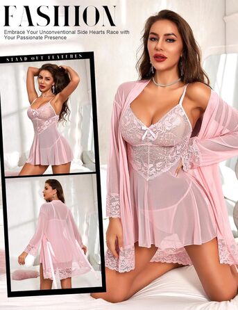 Комплект ніжної піжами RLOVE для дому та сну: кімоно, бюстгальтер та нічна сорочка (3 частини), чорний (XXL, Рожевий)