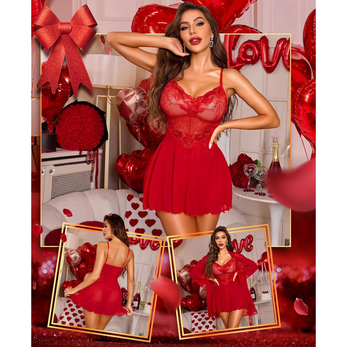 Комплект ніжної піжами RLOVE для жінок: кімоно, бюстгальтер та нічна сорочка (3 частини), чорний (L, Червоний)