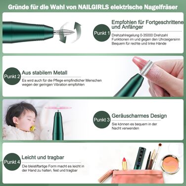 Професійний бездротовий апарат для манікюру та педикюру NAILGIRLS 35000 об/хв, електрична пилка для нігтів 11 в 1, портативний фрезер для гель-лаків та акрилу (Зелений)