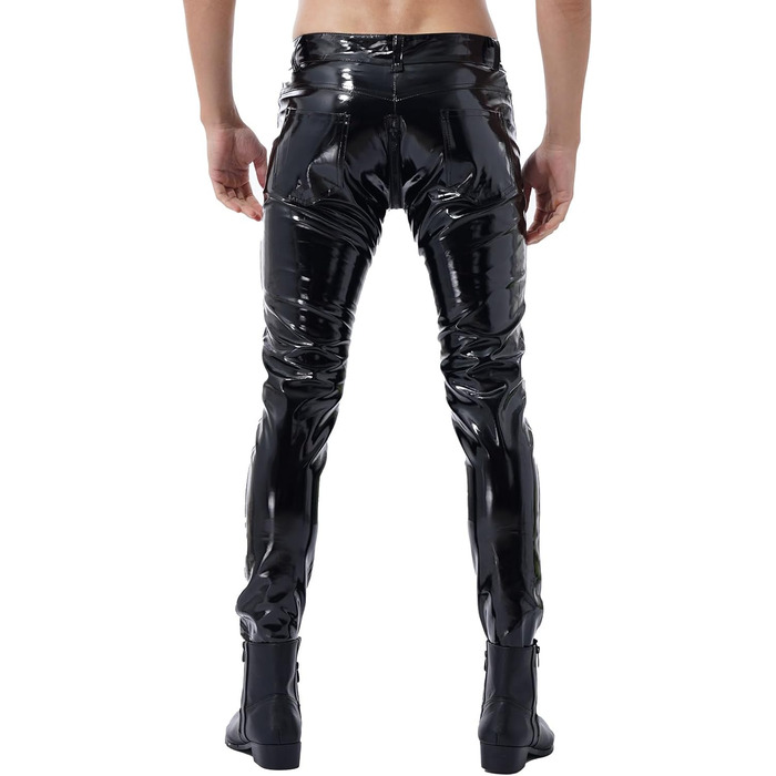 Чоловічі шкіряні лосини Wetlook з еластичною тканиною, обтягуючого крою, чорного кольору. Лосини з еластичною тканиною, обтягуючого крою, з кишенею, чорного кольору.