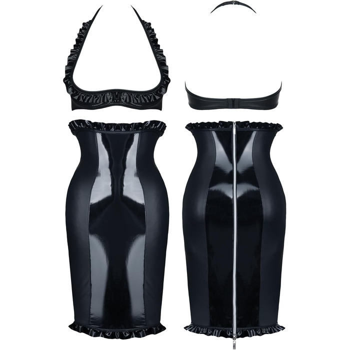Комплект спідньої білизни з ефектом латексу Gogo Set: бюстгальтер без бретелів та спідниця міді, чорний, розмір S