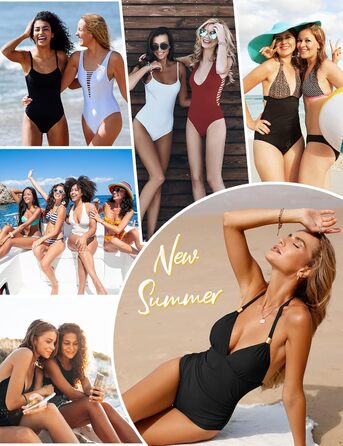 Чоловічий купальник Badeanzug Damen Bauchweg Rückenfrei Shape Badeanzüge Neckholder Sexy Push Up Bademode mit Cups M Schwarz