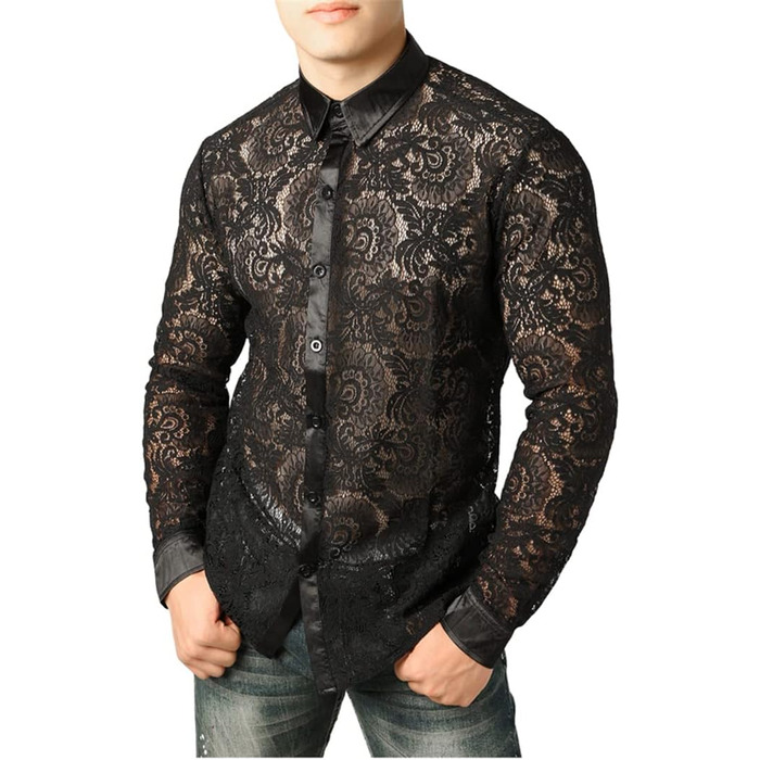 Чоловіча сорочка з сітки Bollrllr, прозора, облягаюча, з мереживом, для вечірок, клубів, випускного, розмір XXL, модель 6