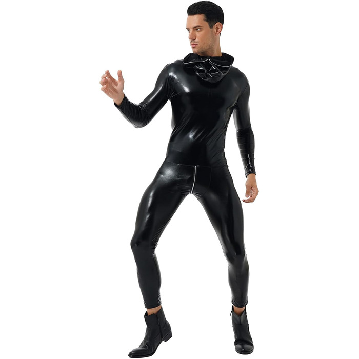 Чоловічий комбінезон з лакованої шкіри з довгим рукавом, чорний. Костюм-комбінезон Freebily для вечірок, клубів, еротичної білизни. Розмір XL