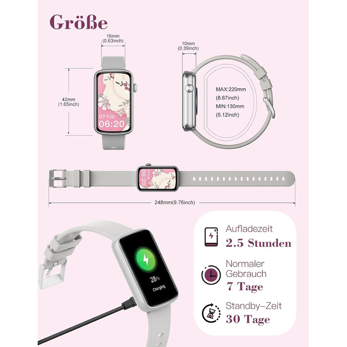 Смарт-годинник жіночий 1.47'' Fitness Tracker з моніторингом серця, SpO2, сну та циклу менструації, підтримка дзвінків та повідомлень WhatsApp, для Android та iOS (Сірий)