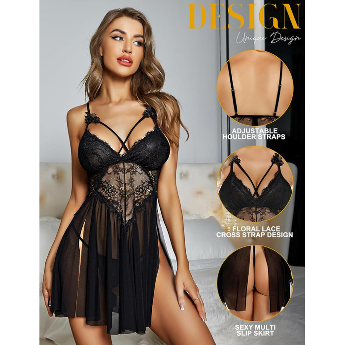 Жіноча мереживна піжама-сорочка RSLOVE, чорна, розмір M